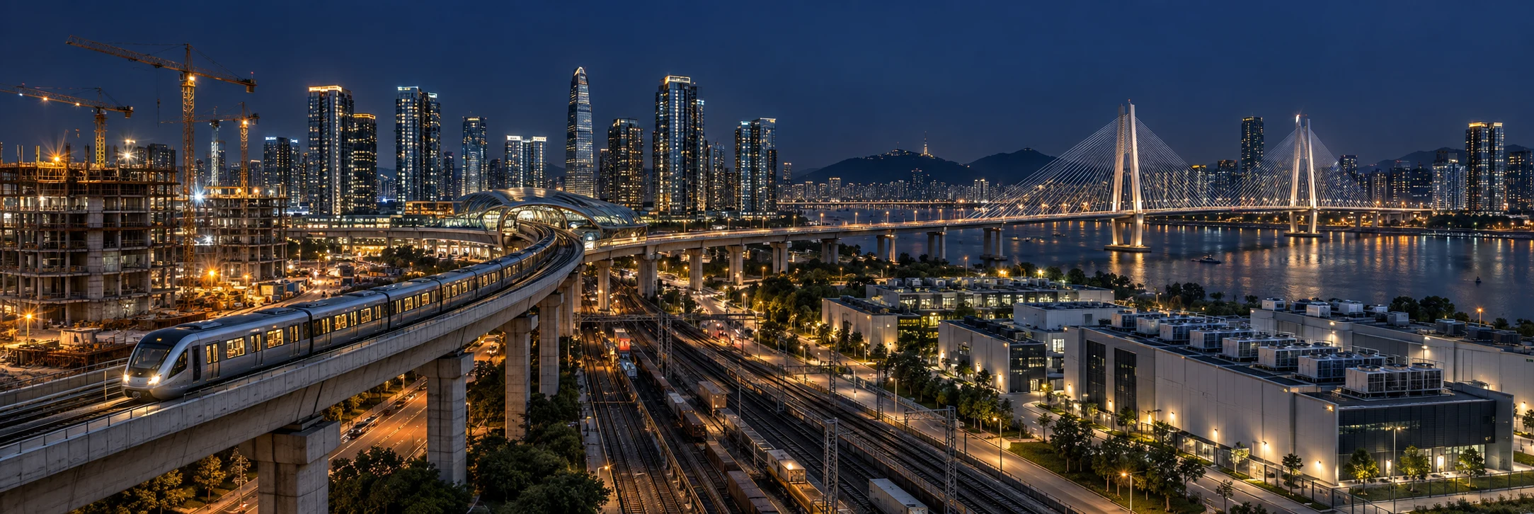 Illustrative district connecting bridges, rail, buildings and a data centre